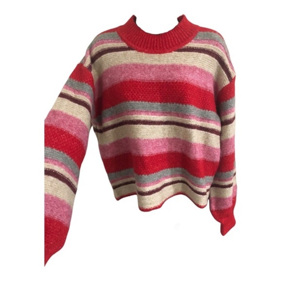 Jessica Simpson pink multi‎ striped fuzzy high crewneck sweater size small new - Picture 2 of 15